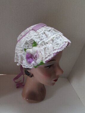 Child Size Bonnet White Lace Lavender Velvet Ribbon
